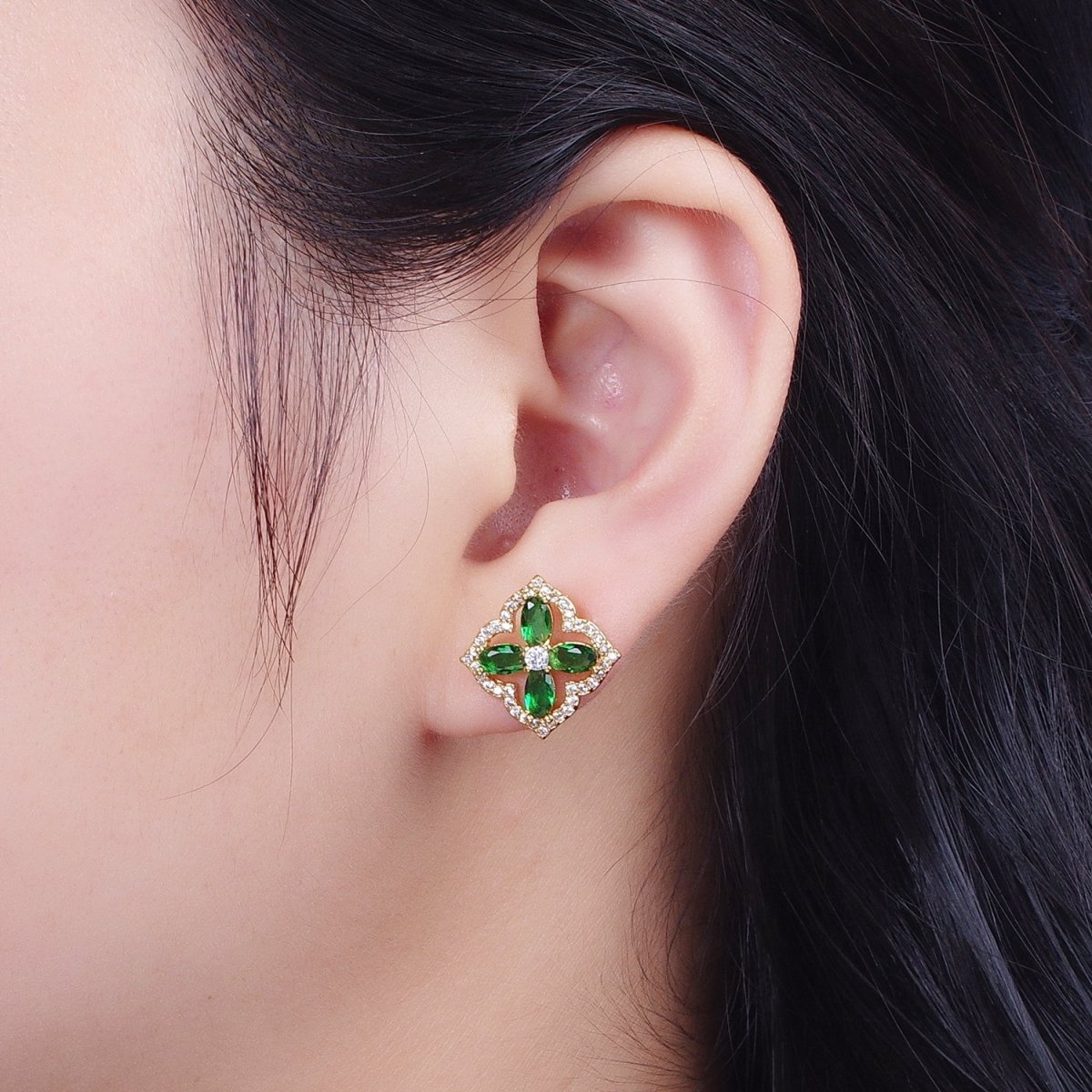 Emerald Cz Clover Stud Earring Four Leaves Gold Lucky Jewelry Micro Pave Earring P-286 - DLUXCA