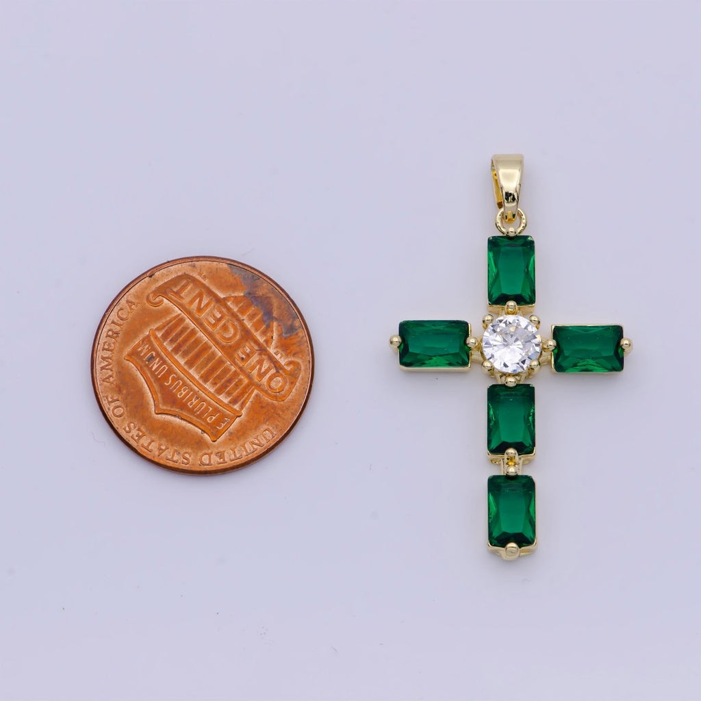 Emerald Green Baguette Cubic Zirconia Religious Cross Gold Necklace | X-503 - DLUXCA