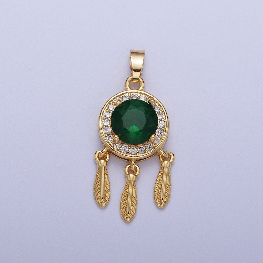 Emerald Green Cz Charm in 16K Gold plated Dream Catcher Charm Necklace Pendant Boho Charm for Jewelry Making Bohemian Inspired X-696 - DLUXCA