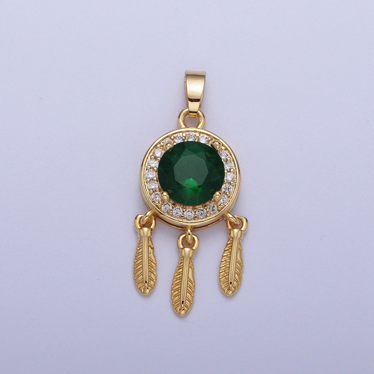 Emerald Green Cz Charm in 16K Gold plated Dream Catcher Charm Necklace Pendant Boho Charm for Jewelry Making Bohemian Inspired X-696 - DLUXCA