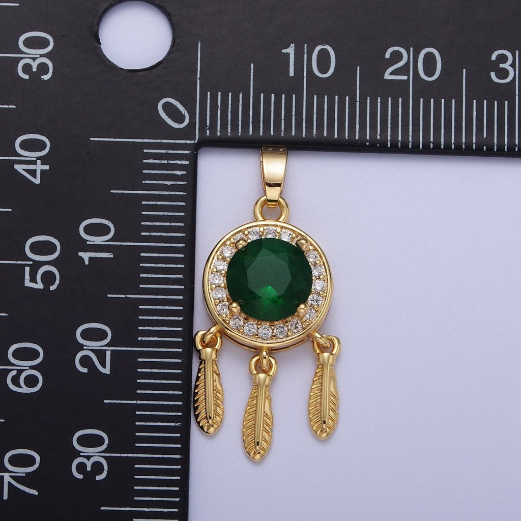 Emerald Green Cz Charm in 16K Gold plated Dream Catcher Charm Necklace Pendant Boho Charm for Jewelry Making Bohemian Inspired X-696 - DLUXCA