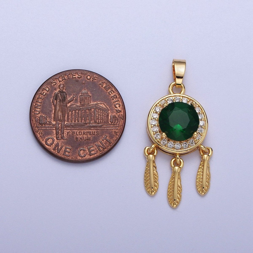 Emerald Green Cz Charm in 16K Gold plated Dream Catcher Charm Necklace Pendant Boho Charm for Jewelry Making Bohemian Inspired X-696 - DLUXCA
