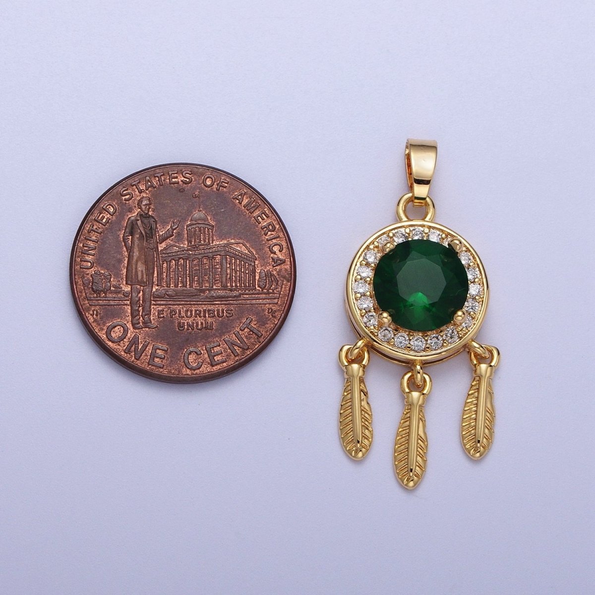 Emerald Green Cz Charm in 16K Gold plated Dream Catcher Charm Necklace Pendant Boho Charm for Jewelry Making Bohemian Inspired X-696 - DLUXCA