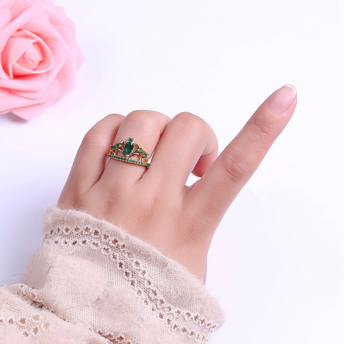 Emerald Green Cz Stone Heart Tiara Ring Open Adjustable Gold Band O-2038 - DLUXCA