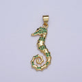 Emerald Green Micro Pave Cubic Zirconia Seahorse Ocean Wildlife Gold Charm For Jewelry Making | X-475 - DLUXCA