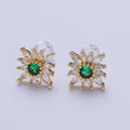 Emerald Green Sun Flower Round Marquise Cubic Zirconia Gold Stud Earrings | X-935 - DLUXCA