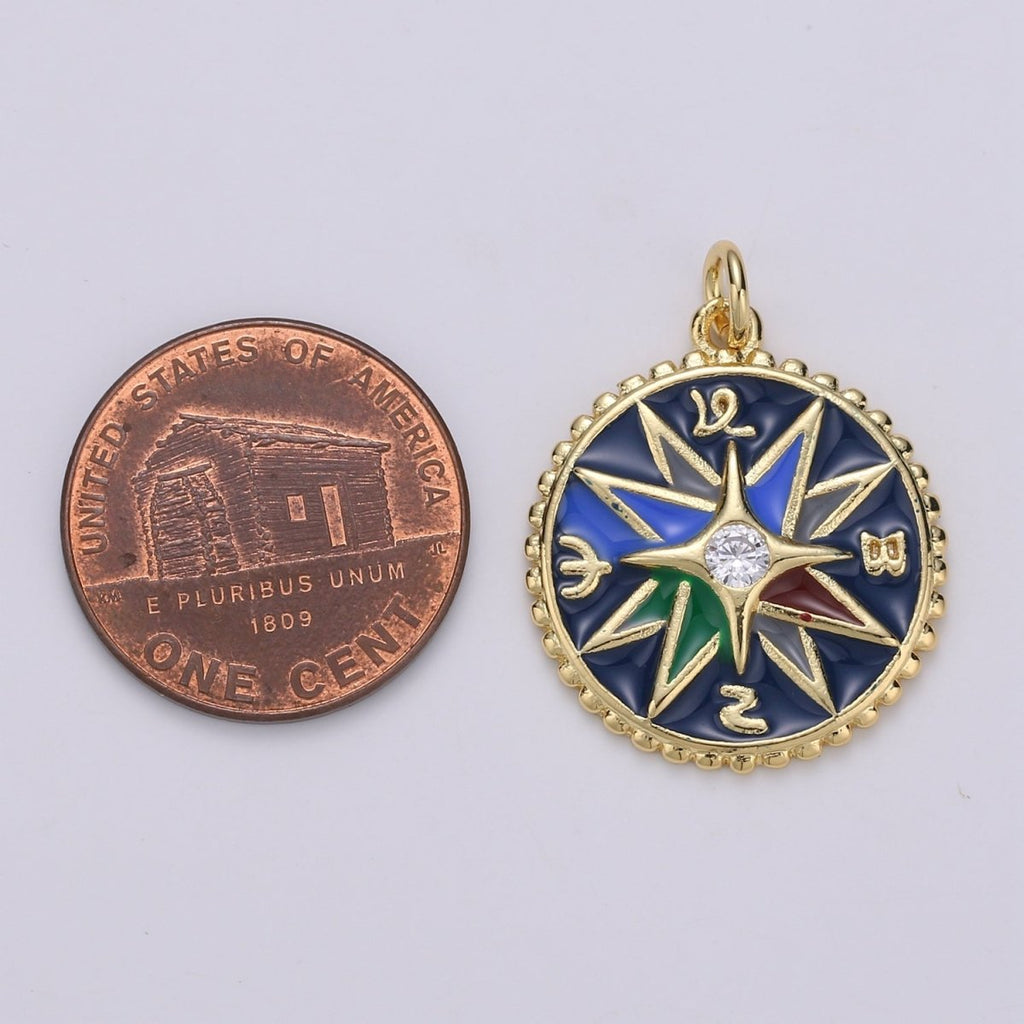 Enamel charms 24K Gold plated compass charm, Epoxy Blue pendant, talisman charm Travel Jewelry Adventure Designer Inspired Necklace D-866 - DLUXCA