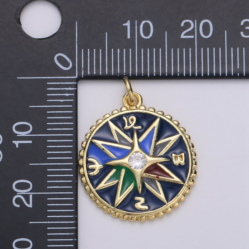 Enamel charms 24K Gold plated compass charm, Epoxy Blue pendant, talisman charm Travel Jewelry Adventure Designer Inspired Necklace D-866 - DLUXCA