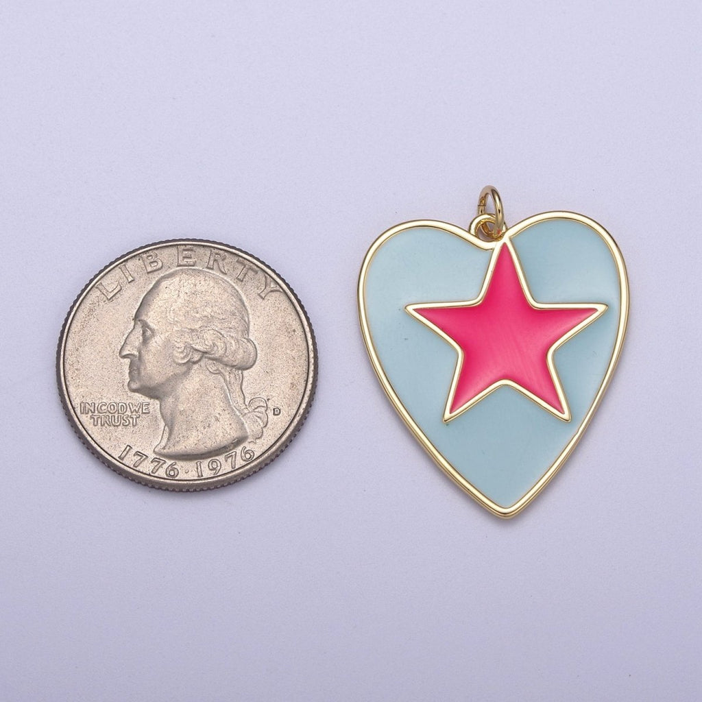 Enamel Colorful Five Point Star On Heart Shape Pendant, 14K Gold plated Blue Enamel Charm N-300 - DLUXCA