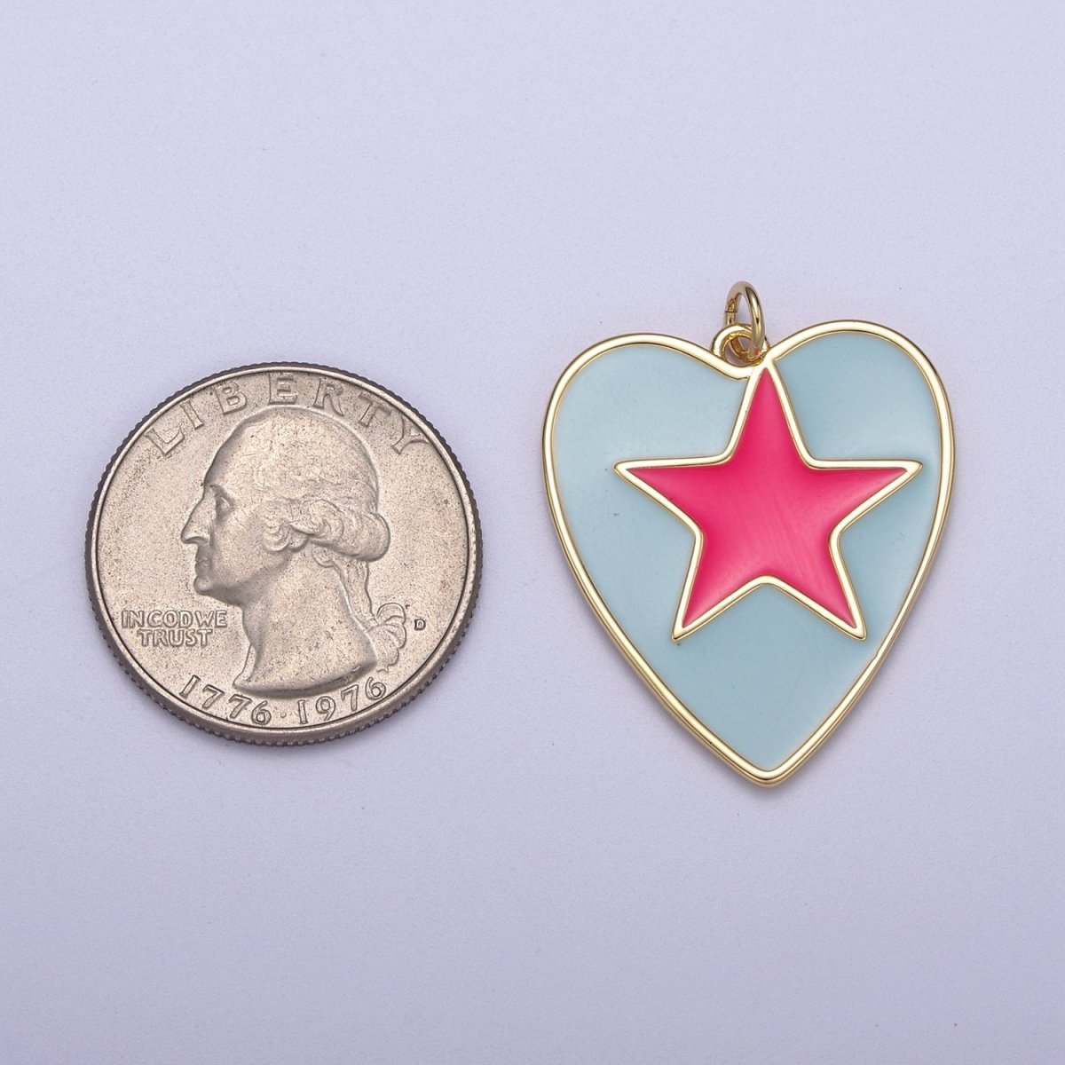 Enamel Colorful Five Point Star On Heart Shape Pendant, 14K Gold plated Blue Enamel Charm N-300 - DLUXCA