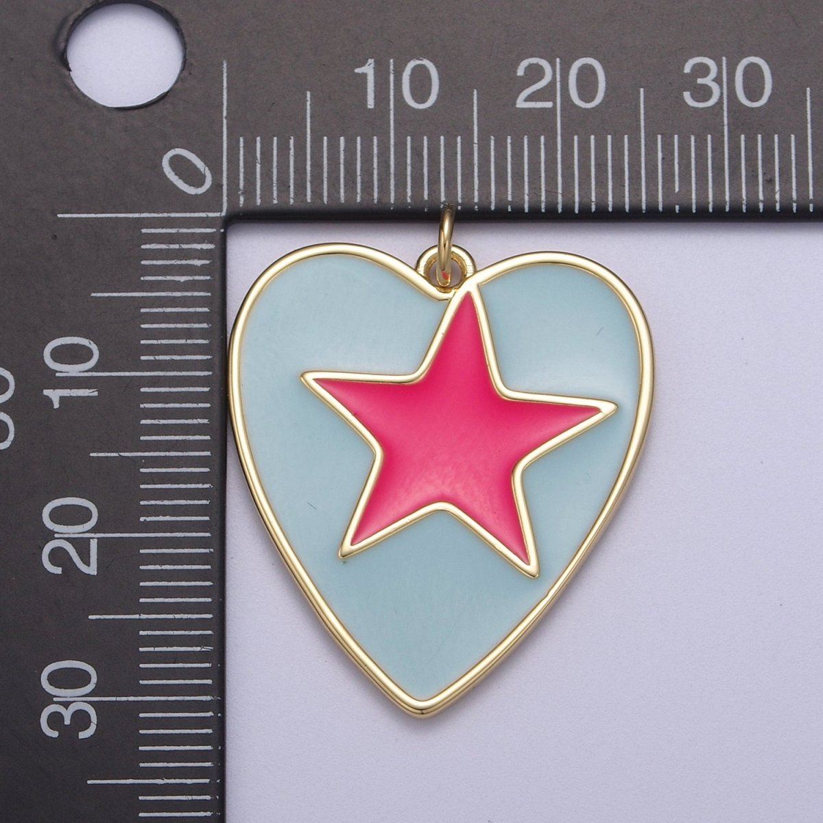 Enamel Colorful Five Point Star On Heart Shape Pendant, 14K Gold plated Blue Enamel Charm N-300 - DLUXCA