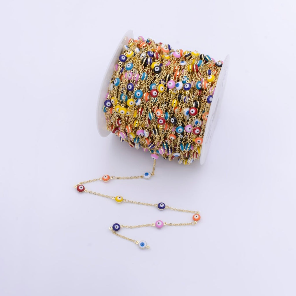 Enamel Evil Eye Chain, Wholesale 24k Gold plated Beaded Chain, Enamel Satellite Chain for Jewelry Making Findings | ROLL-868 Clearance Pricing - DLUXCA