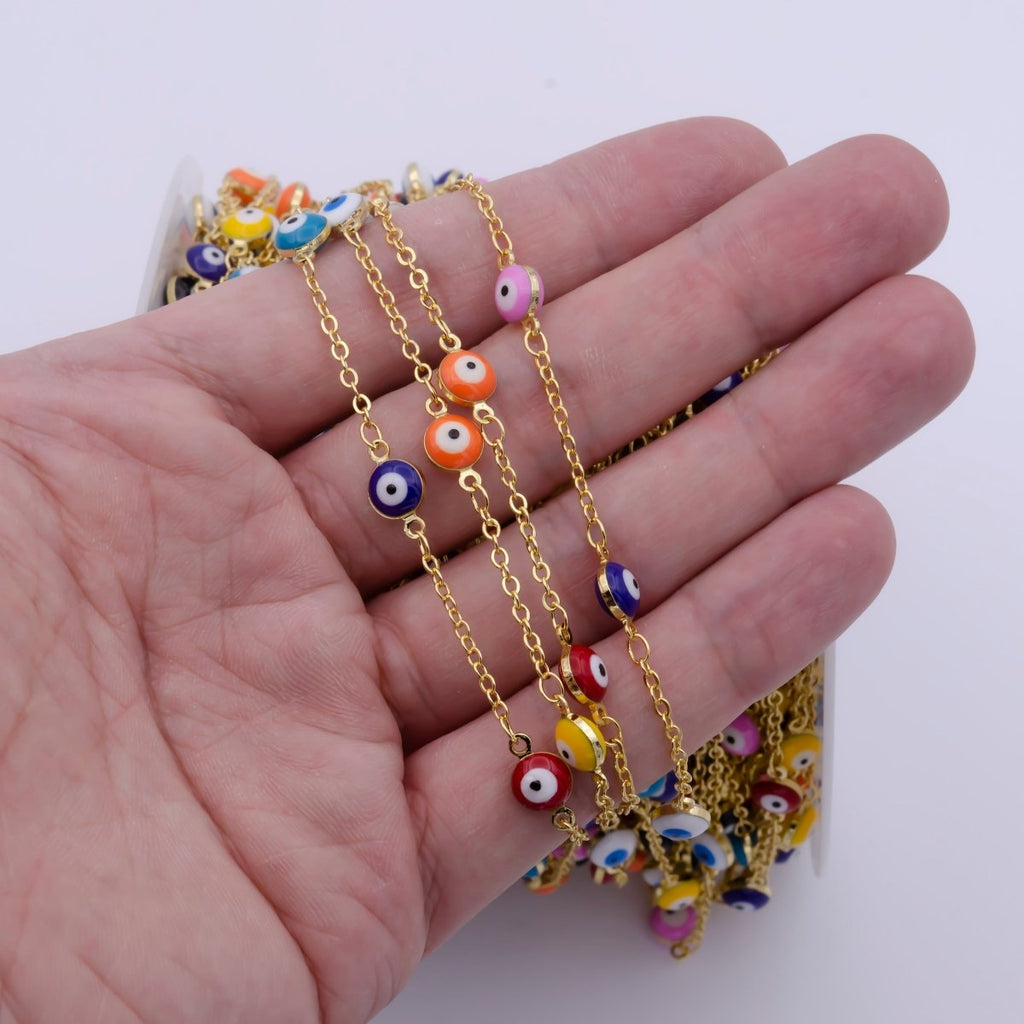 Enamel Evil Eye Chain, Wholesale 24k Gold plated Beaded Chain, Enamel Satellite Chain for Jewelry Making Findings | ROLL-868 Clearance Pricing - DLUXCA