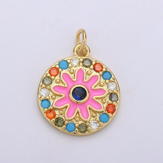 Enamel Flower Pendant, Dainty 14k Gold plated Daisy Charm - Micro Pave Floral Garden Spring Summer Jewelry for Necklace Component Supply  D-629