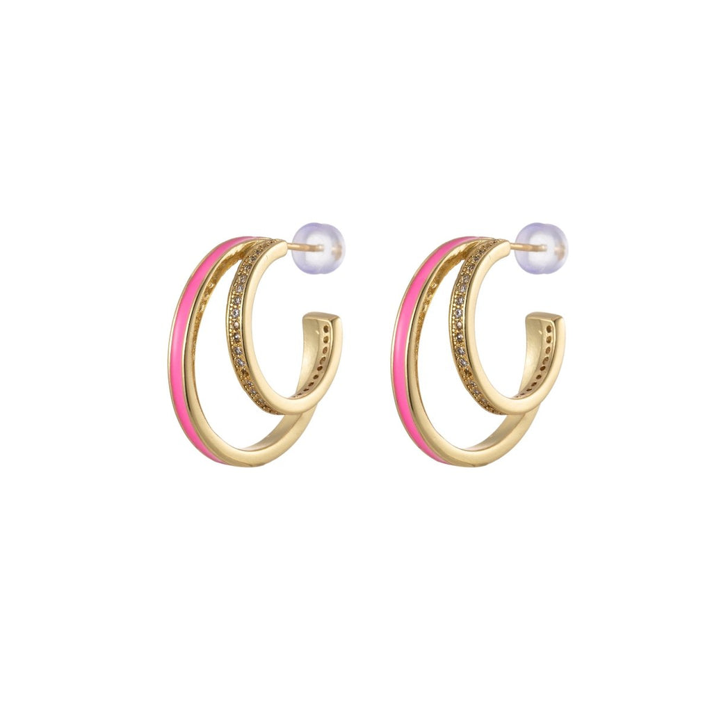 Enamel Hoops Gold, 14K Gold plated Hoops, Large Gold Hoop Earrings, Small Hoops Black Pink Red White Earrings, Chunky Light Hoops P-206~P-209 - DLUXCA
