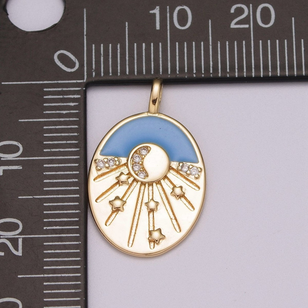 Enamel Starry Night Charm 18k Gold plated CZ Crescent Moon Charm Pendant Celestial Jewelry Gold Medallion Star burst, M-858 - DLUXCA