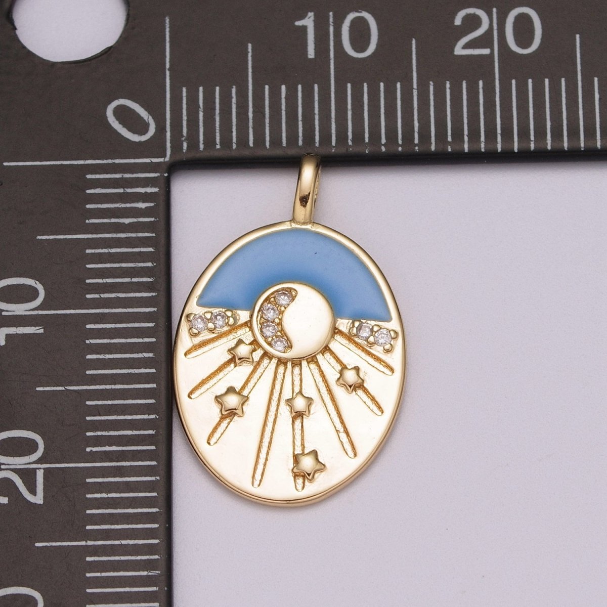 Enamel Starry Night Charm 18k Gold plated CZ Crescent Moon Charm Pendant Celestial Jewelry Gold Medallion Star burst, M-858 - DLUXCA
