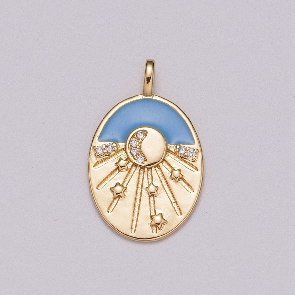 Enamel Starry Night Charm 18k Gold plated CZ Crescent Moon Charm Pendant Celestial Jewelry Gold Medallion Star burst, M-858 - DLUXCA