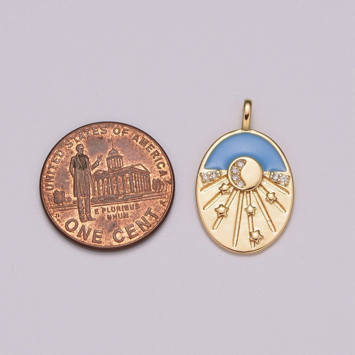 Enamel Starry Night Charm 18k Gold plated CZ Crescent Moon Charm Pendant Celestial Jewelry Gold Medallion Star burst, M-858 - DLUXCA