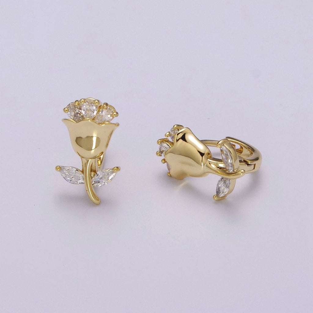 English Rose Huggie Earring - Tiny Gold Rose Flower Earring - Dainty Flower Hypoallergenic Earrings T-218 - DLUXCA