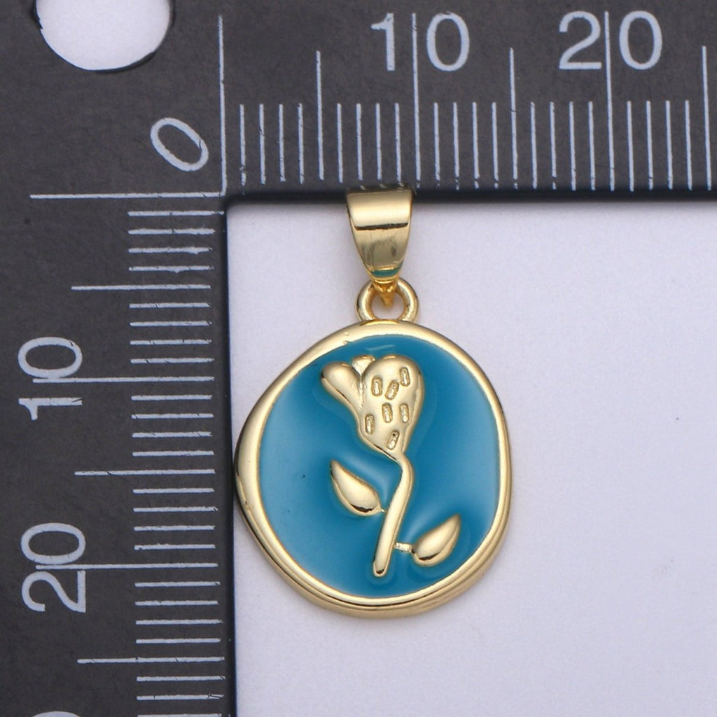 Epoxy Tulip in 24k Gold Round Charm, Enamel Flower Charm, Gold Enamel Charms, Dainty Pink, Red, Teal, White, lime Green Pendant  H-657 H-662 H-676 H-678 H-694 H-698 H-704 H-709 H-712 H-716