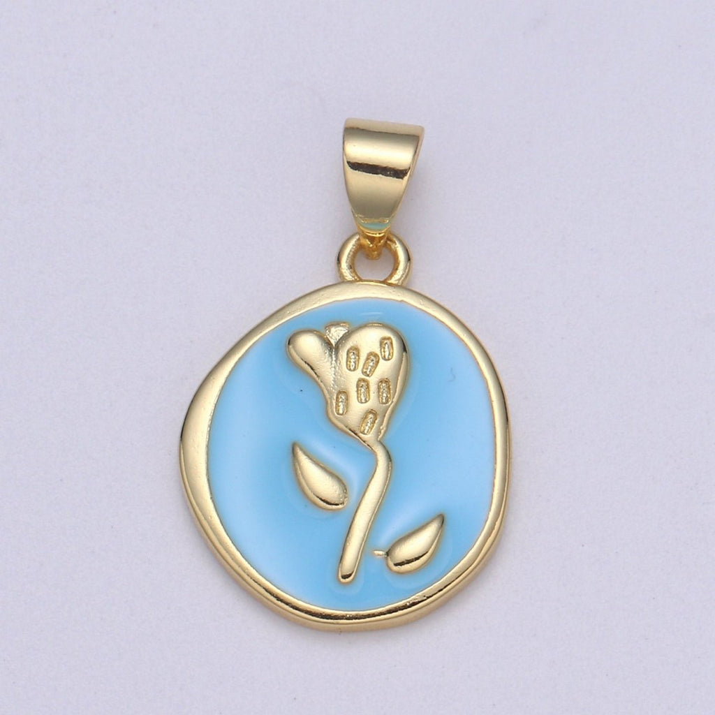 Epoxy Tulip in 24k Gold Round Charm, Enamel Flower Charm, Gold Enamel Charms, Dainty Pink, Red, Teal, White, lime Green Pendant  H-657 H-662 H-676 H-678 H-694 H-698 H-704 H-709 H-712 H-716