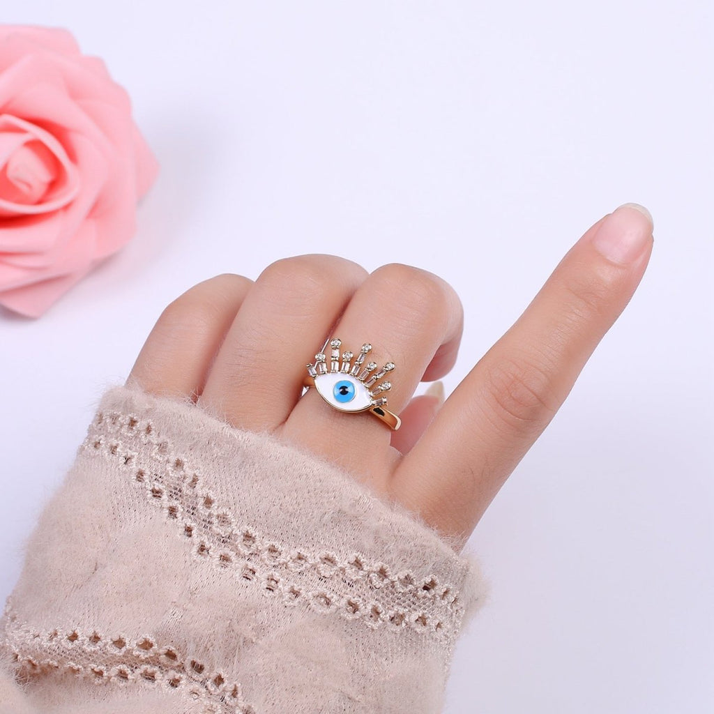 Evil Eye Ring, 14K Gold plated Eye Ring, Evil Eye Zircons Ring, CZ Eye Blue Ring, Good Luck Ring Amulet Statement Stackable U-169 U-170