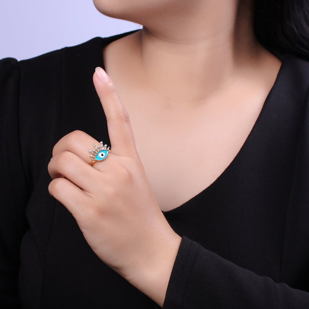 Evil Eye Ring, 14K Gold plated Eye Ring, Evil Eye Zircons Ring, CZ Eye Blue Ring, Good Luck Ring Amulet Statement Stackable U-169 U-170