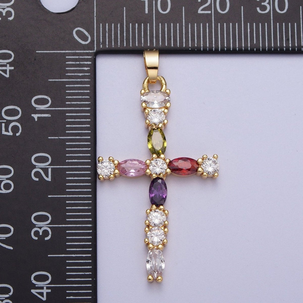 Faceted Marquise Gemstone Cross Style Pendant, 16K Gold plated CZ Cross Pendant, Religious Christian Catholic Jewelry Charm Gift X-692 - DLUXCA