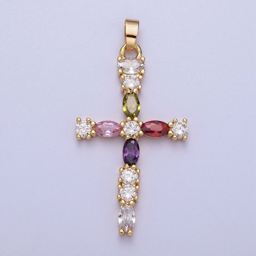 Faceted Marquise Gemstone Cross Style Pendant, 16K Gold plated CZ Cross Pendant, Religious Christian Catholic Jewelry Charm Gift X-692 - DLUXCA