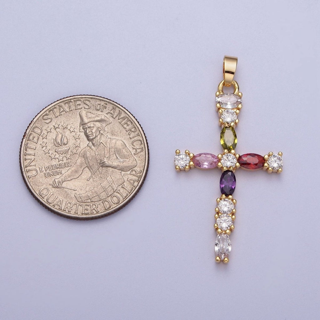Faceted Marquise Gemstone Cross Style Pendant, 16K Gold plated CZ Cross Pendant, Religious Christian Catholic Jewelry Charm Gift X-692 - DLUXCA