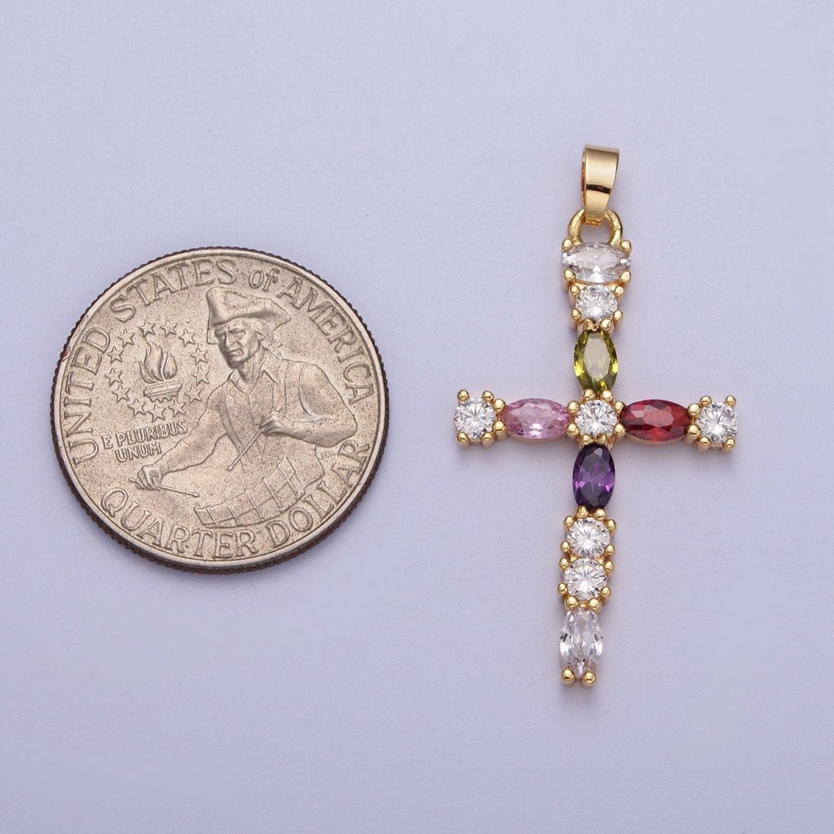 Faceted Marquise Gemstone Cross Style Pendant, 16K Gold plated CZ Cross Pendant, Religious Christian Catholic Jewelry Charm Gift X-692 - DLUXCA