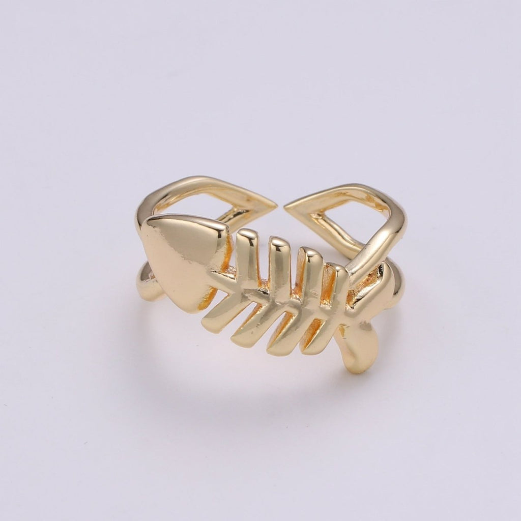 Fish 18k Gold Ring, Adjustable Gold Curb Ring, Simple Bone Frame Ring, Under Water Life R-276 - DLUXCA