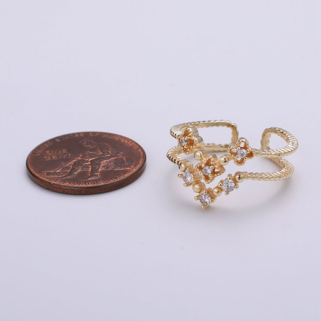 Flower Cubic Mini Charm Ring, Cluster Cubic Pave 18K Rose Gold Ring Solitaire CZ Pendant Double Ring, Dainty ring Charm, RING-283 - DLUXCA