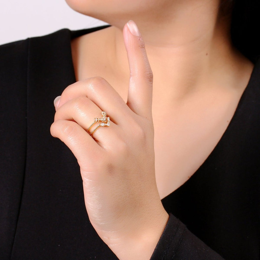Flower Cubic Mini Charm Ring, Cluster Cubic Pave 18K Rose Gold Ring Solitaire CZ Pendant Double Ring, Dainty ring Charm, RING-283 - DLUXCA