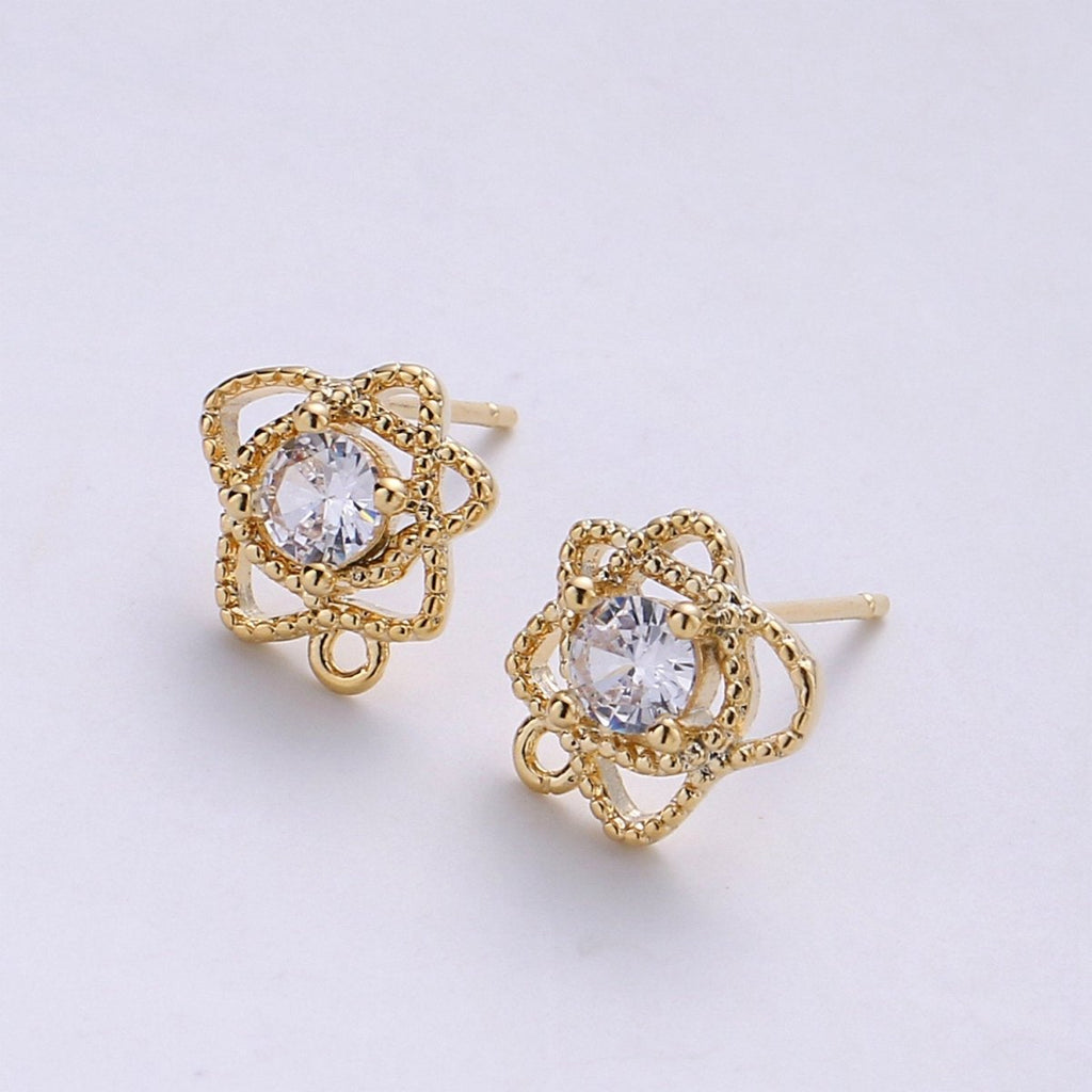Flower Stud Earring Charm • 24k Gold plated• Micro Pave Floral Stud • Jewelry Making Supplies • Open Link for Jewelry Making Supply K-410 PAIR - DLUXCA
