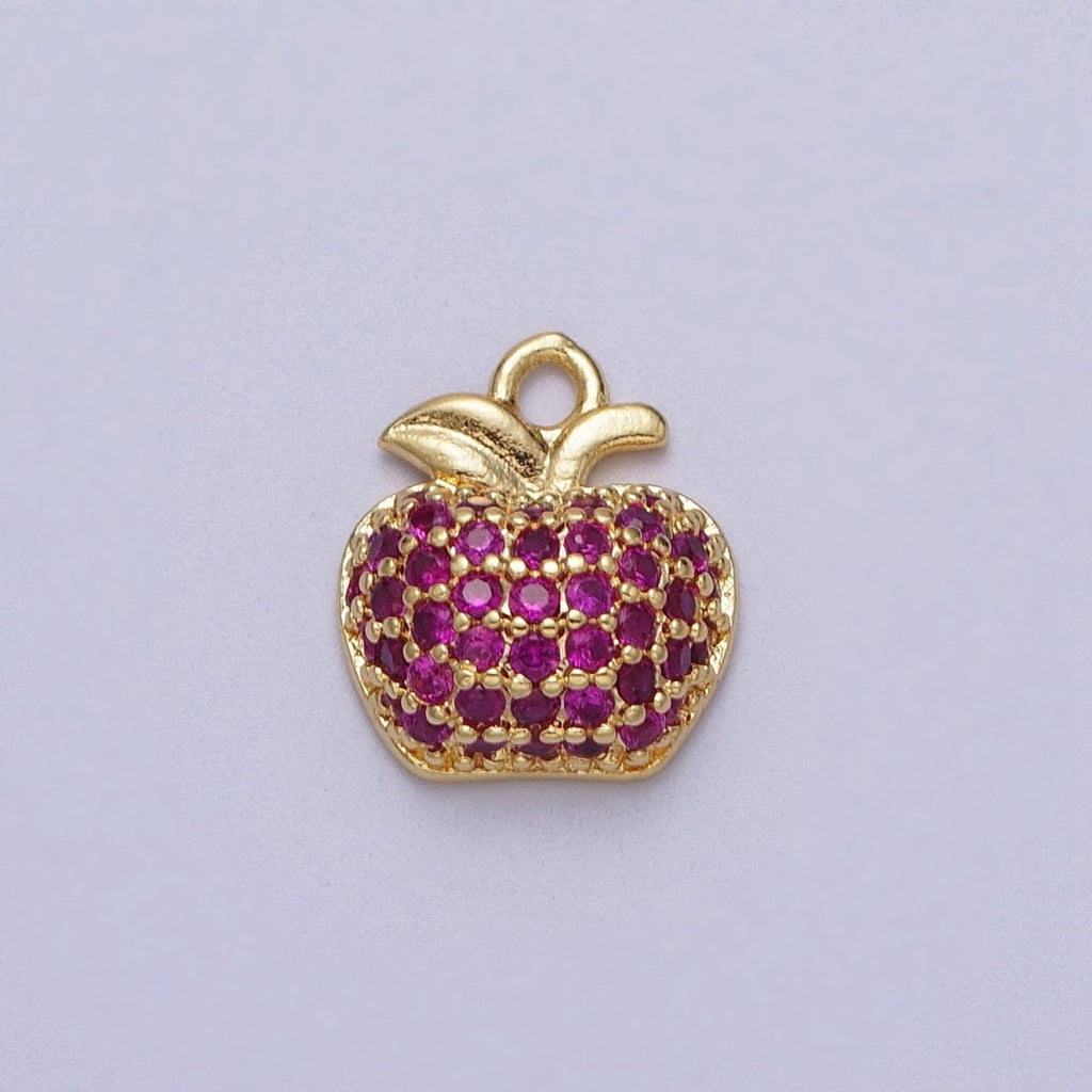 Fuchsia Micro Paved CZ Apple Fruit Gold Charm E-432 - DLUXCA