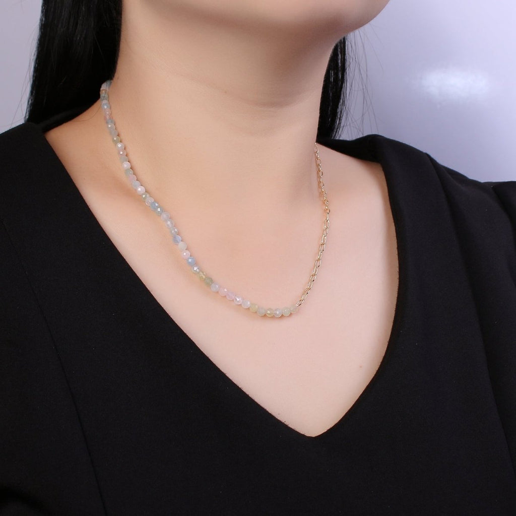 Fused 3mm Morganite Beads necklace w/ 14k Gold plated Necklace, Mixed Cable Link Chain Necklace Ready To Wear Two Tone Necklace - DLUXCA
