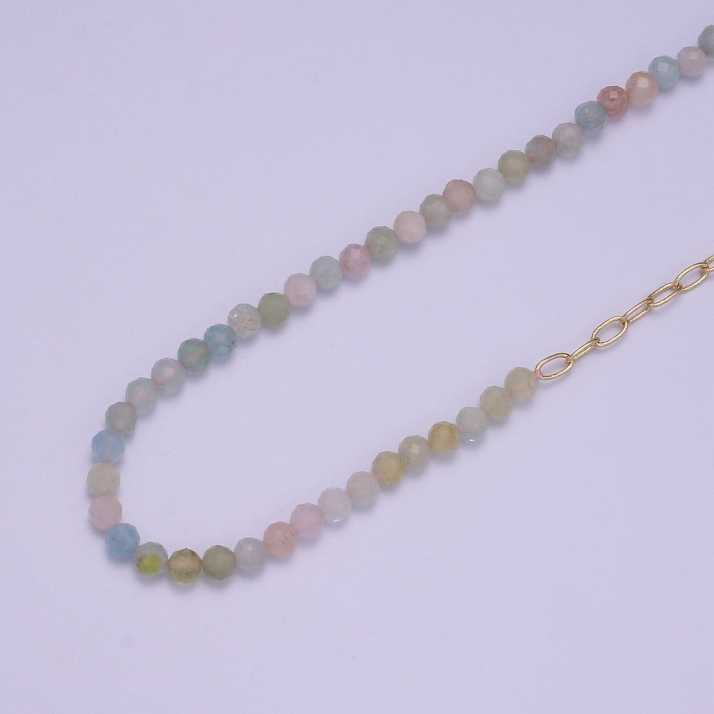 Fused 3mm Morganite Beads necklace w/ 14k Gold plated Necklace, Mixed Cable Link Chain Necklace Ready To Wear Two Tone Necklace - DLUXCA