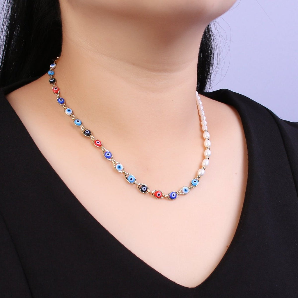 Fusion Evil eye necklace , Freshwater pearl necklace Amulet protection Necklace for Layering | WA-587 Clearance Pricing - DLUXCA