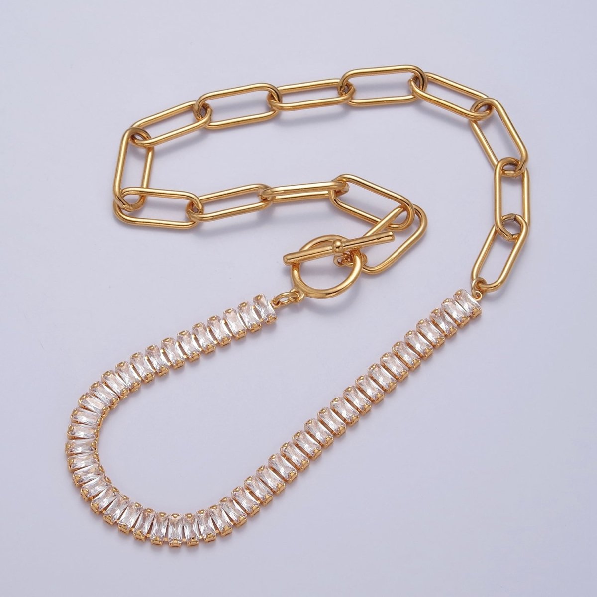 Fusion Necklace Half Baguette Tennis Chain, Half Paper Clip Chain, Statement 24K Gold plated Necklace with Toggle | WA-945 WA-946 WA-949 WA-950 Clearance Pricing - DLUXCA