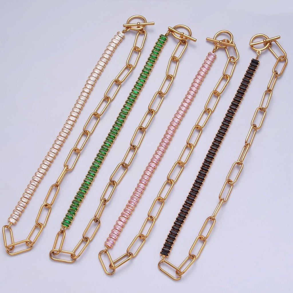 Fusion Necklace Half Baguette Tennis Chain, Half Paper Clip Chain, Statement 24K Gold plated Necklace with Toggle | WA-945 WA-946 WA-949 WA-950 Clearance Pricing - DLUXCA