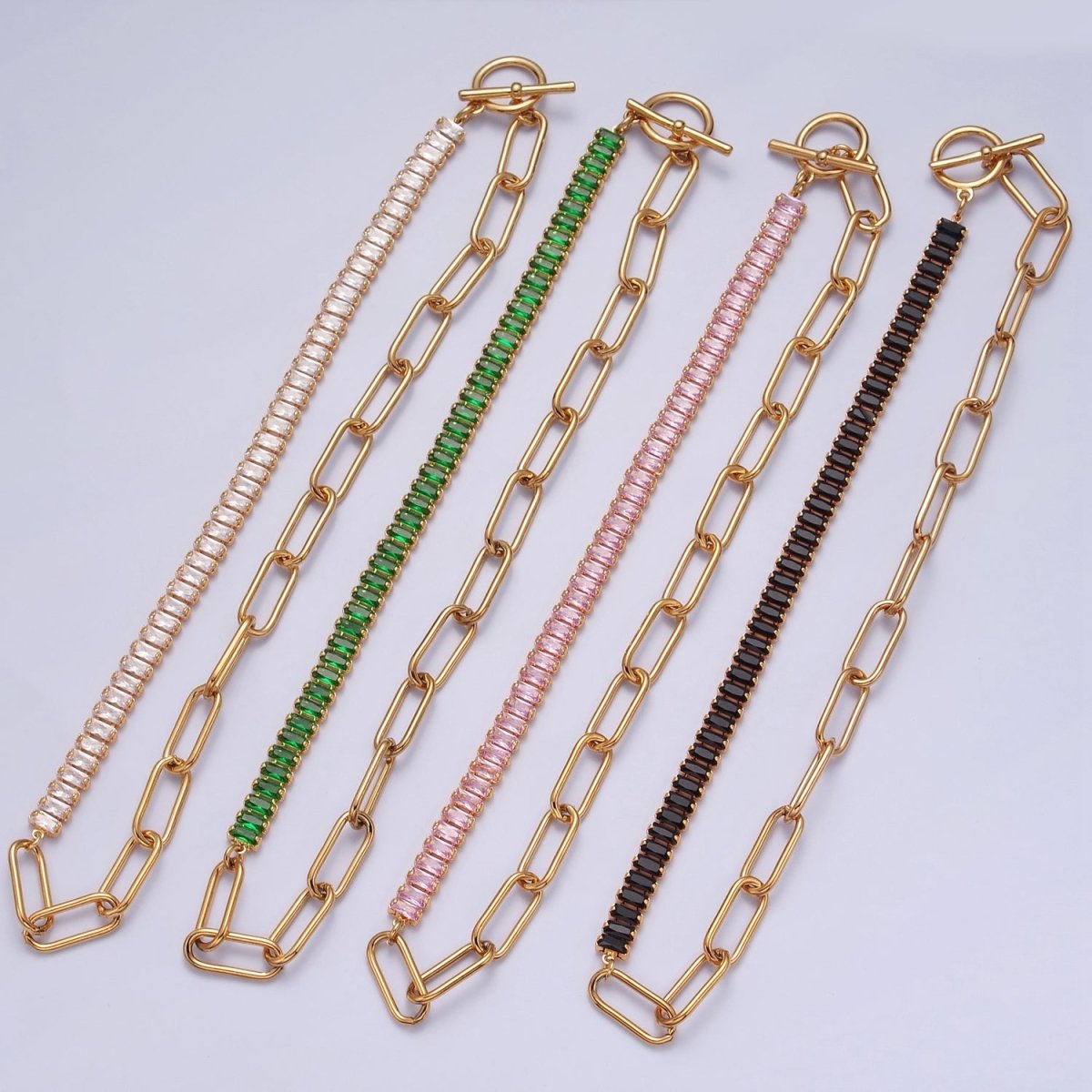 Fusion Necklace Half Baguette Tennis Chain, Half Paper Clip Chain, Statement 24K Gold plated Necklace with Toggle | WA-945 WA-946 WA-949 WA-950 Clearance Pricing - DLUXCA