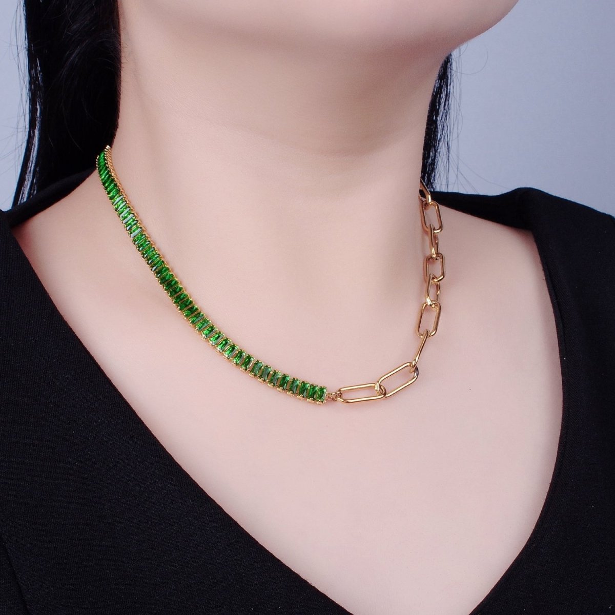 Fusion Necklace Half Baguette Tennis Chain, Half Paper Clip Chain, Statement 24K Gold plated Necklace with Toggle | WA-945 WA-946 WA-949 WA-950 Clearance Pricing - DLUXCA