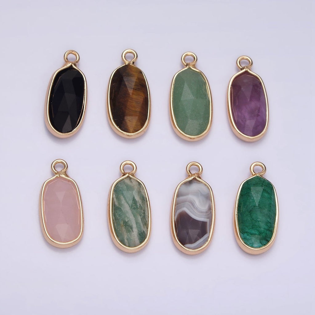 Gemstone Faceted Oval Gold Edge Pendant Charm Rose Quartz Onyx Amazon Charm N-1705 - N-1712