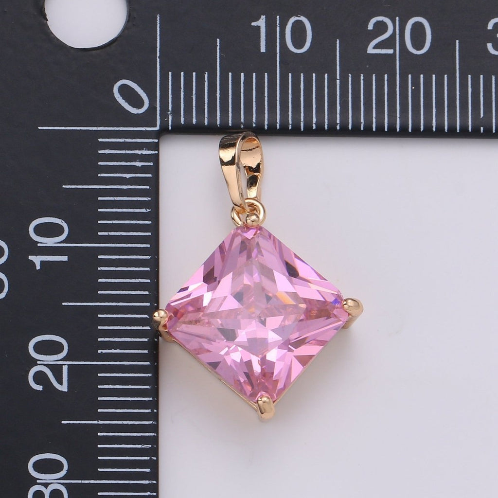 Gemstone Rhombus Charm, Pink Solitaire Cz Pendant, 25x15mm, 18k Gold plated Pendnt Dangle Jewelry, Necklace Earring Valentine Gift J-113 - DLUXCA