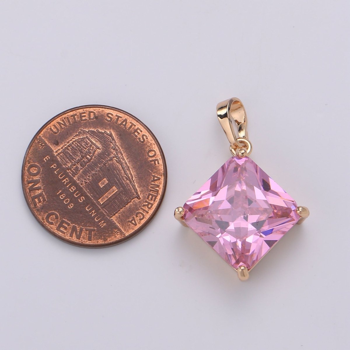 Gemstone Rhombus Charm, Pink Solitaire Cz Pendant, 25x15mm, 18k Gold plated Pendnt Dangle Jewelry, Necklace Earring Valentine Gift J-113 - DLUXCA