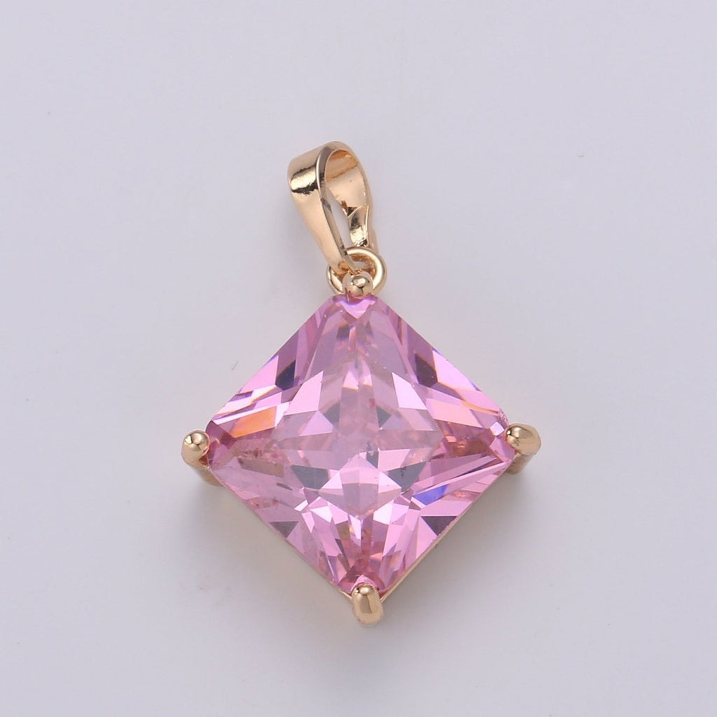 Gemstone Rhombus Charm, Pink Solitaire Cz Pendant, 25x15mm, 18k Gold plated Pendnt Dangle Jewelry, Necklace Earring Valentine Gift J-113 - DLUXCA