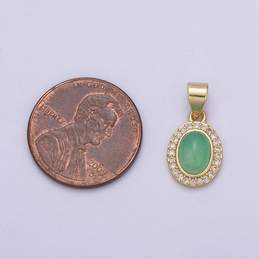 Genuine Green Jade Oval with Clear Cubic Zircon Pendant for Minimalist Jewelry Gemstone H-791 - DLUXCA