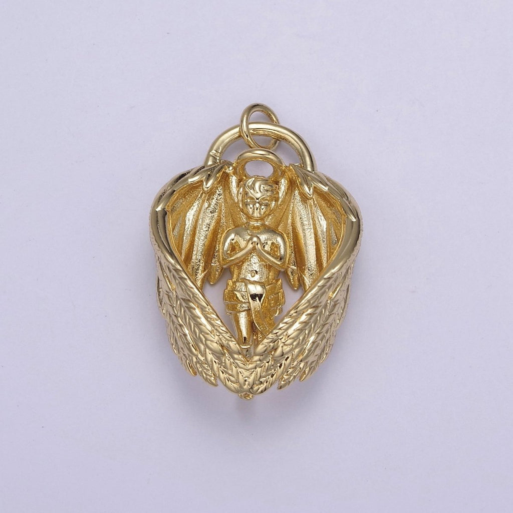 Gold 3D Baby Angel Pendant, Cherub Necklace Pendant, Angel Charm, Winged Baby Angel Pendant, Baby Guardian Angel Charm N-708 - DLUXCA